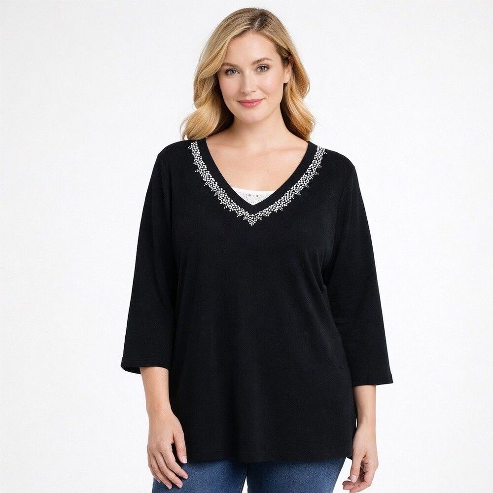 Quacker Factory Sequin Shirt Womens XL Black V-Neck 3/4 Sleeve Embellished Top